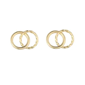 9kt Gold Double Circle Plain & Hammered Stud Earrings