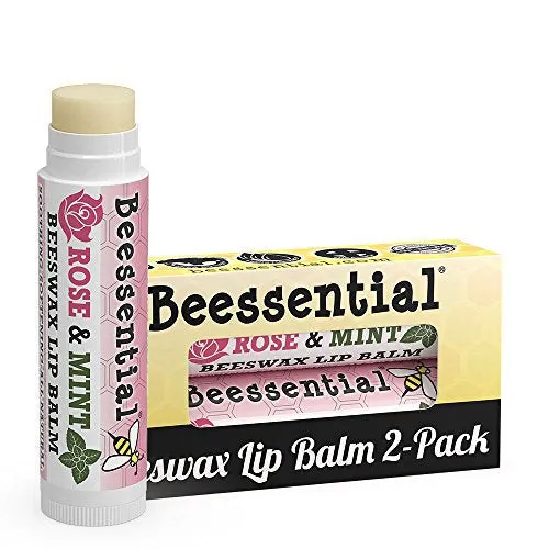 Beessential All Natural Rose Mint Lip Balm 2 pack – Heals and Prevents Dry and Chapped Lips – Moisturizing Beeswax, Coconut, Shea and Cupuacu Butter