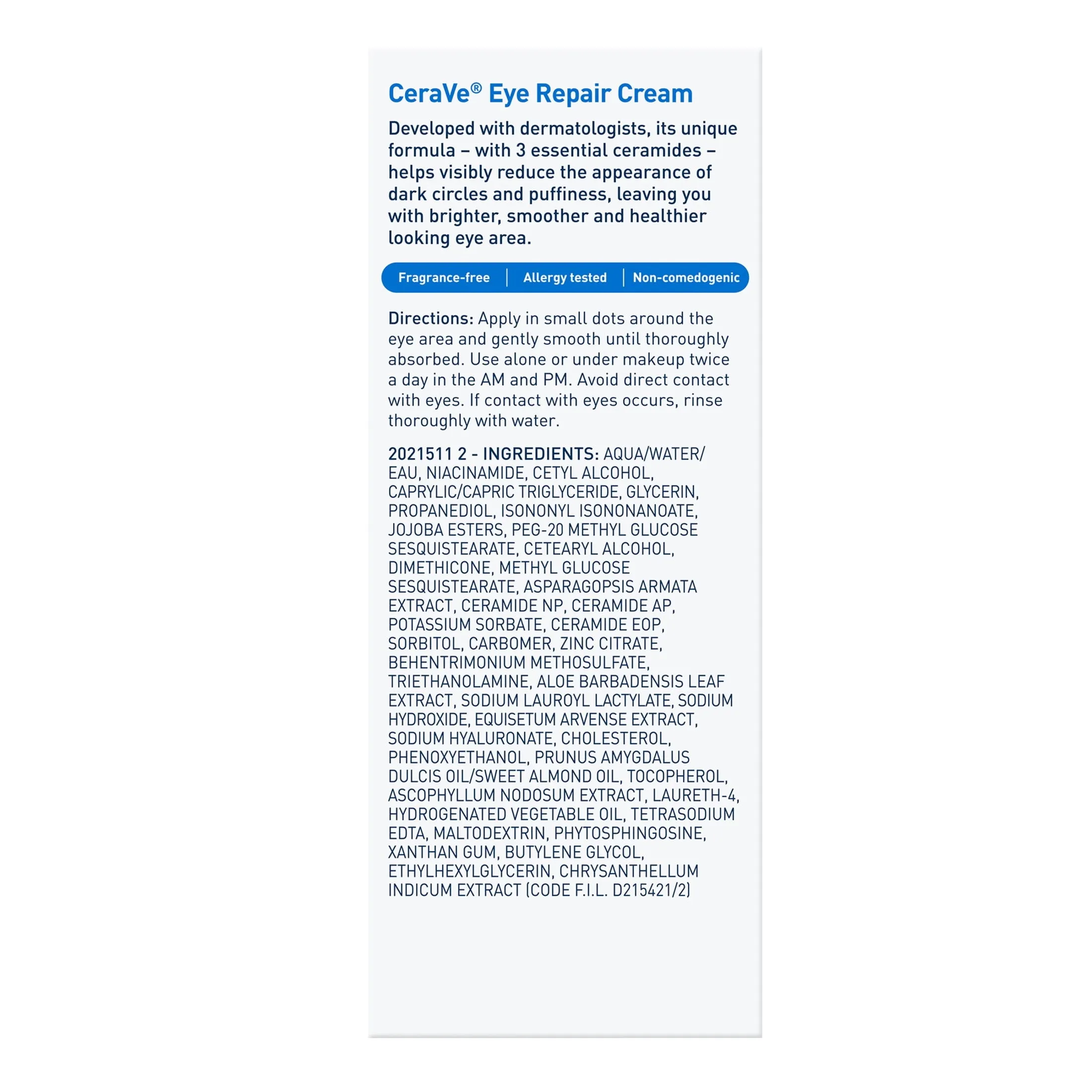 CeraVe Eye Repair Cream for Dark Circles and Puffiness for All Skin Types, 0.5 oz