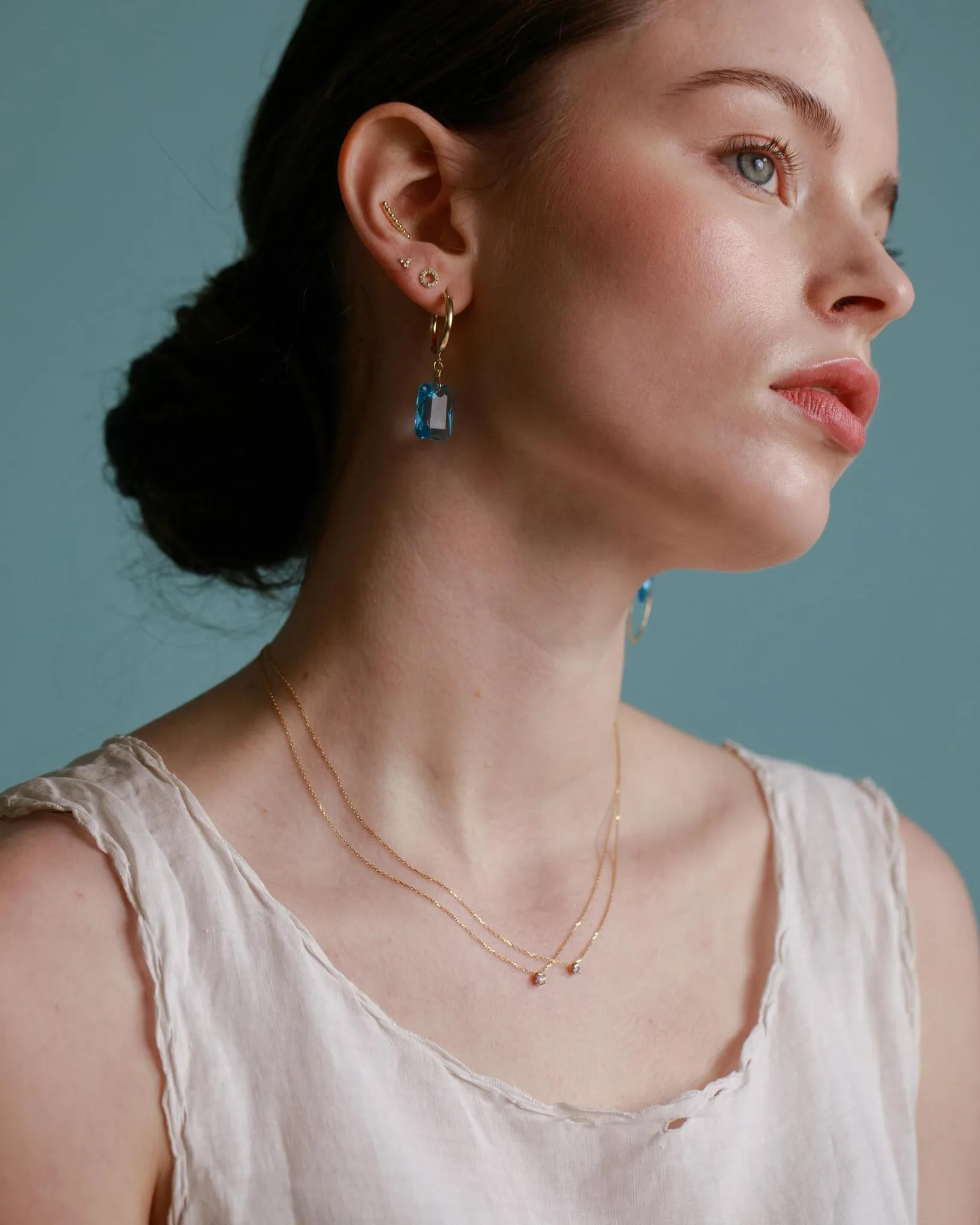 Gold Filled 16mm Emerald Cut Aquamarine Crystal Large Clip Hoop Earrings