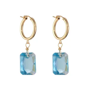 Gold Filled 16mm Emerald Cut Aquamarine Crystal Large Clip Hoop Earrings