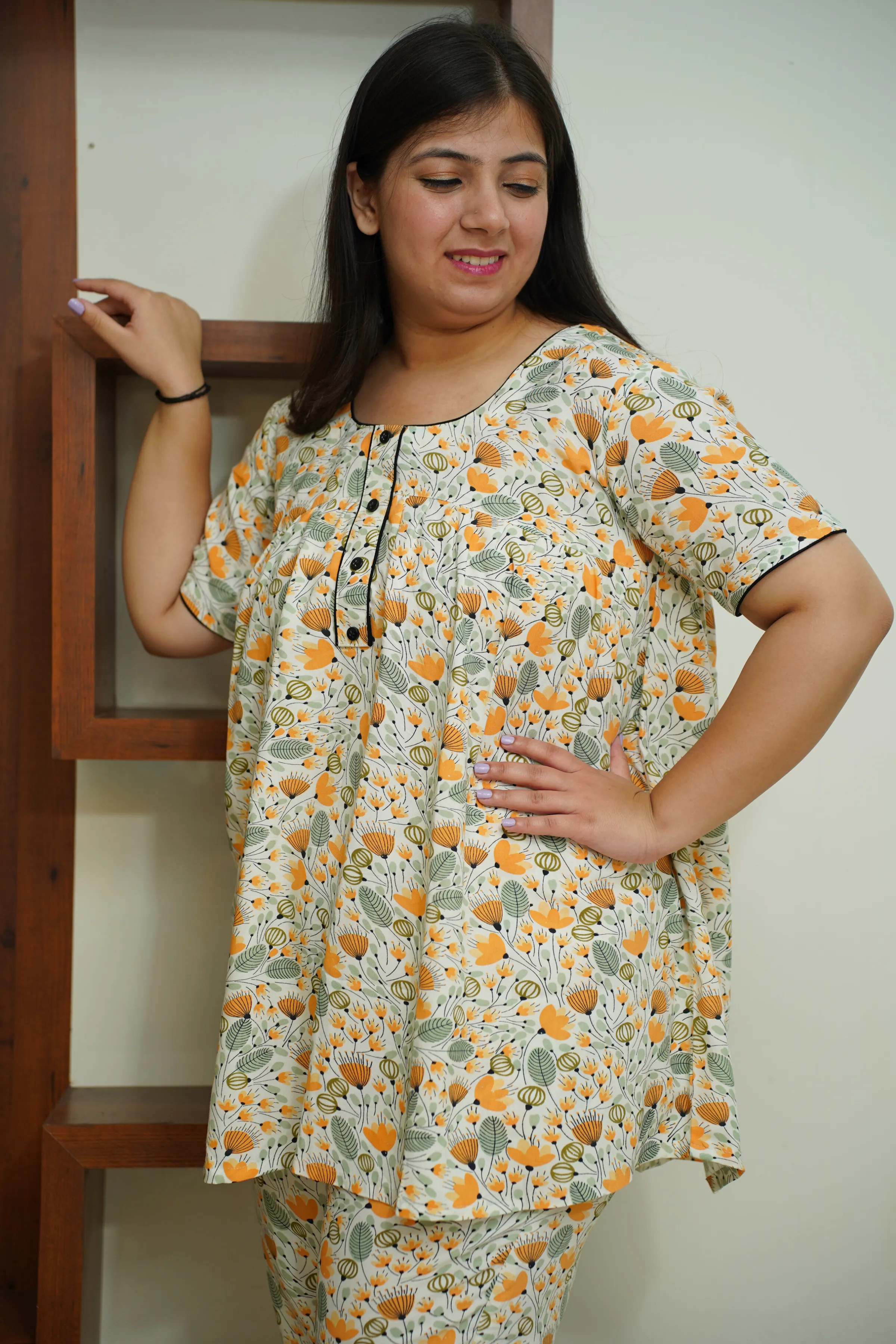 Ivory Floral Rayon Night Suit