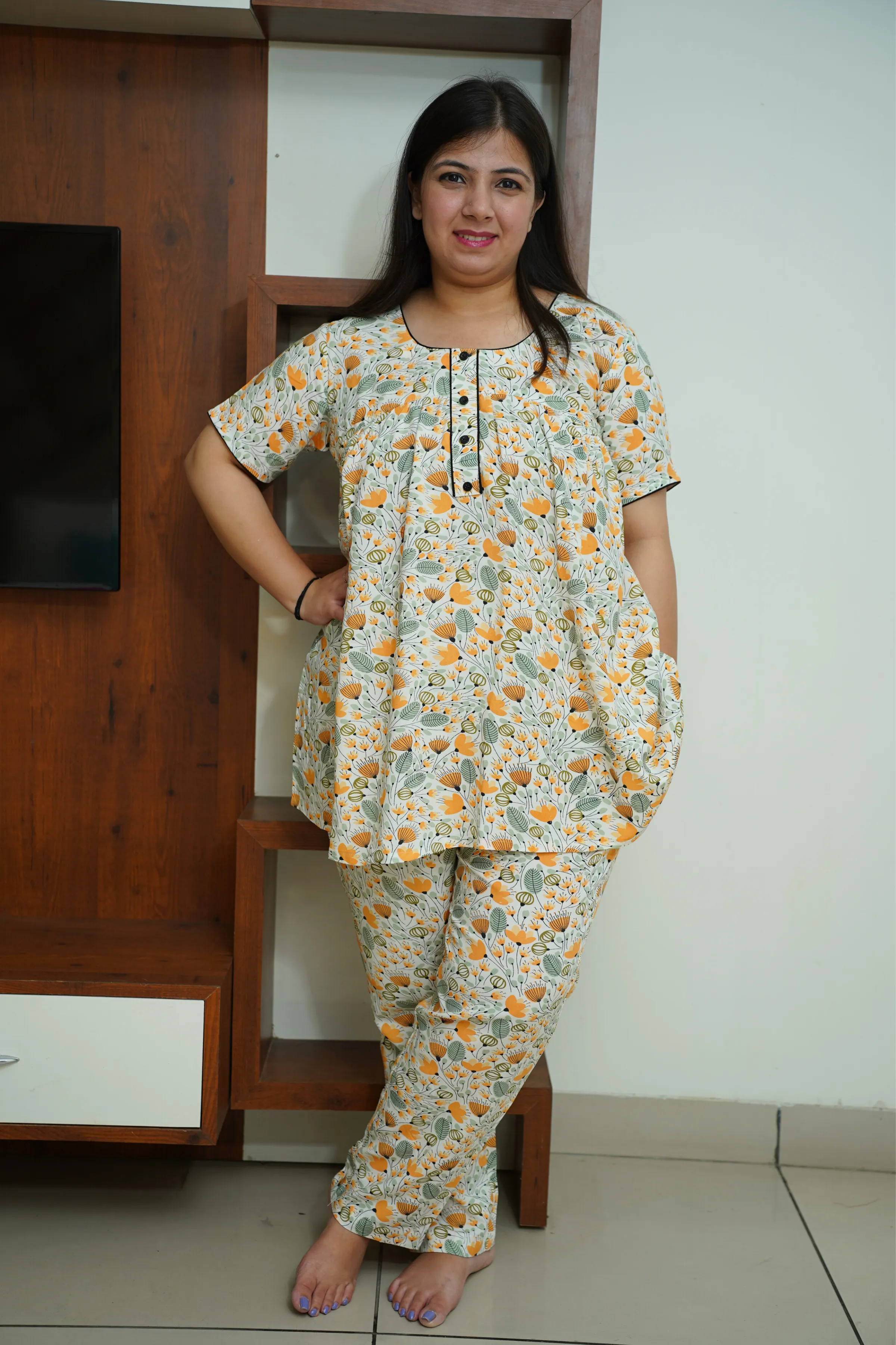 Ivory Floral Rayon Night Suit