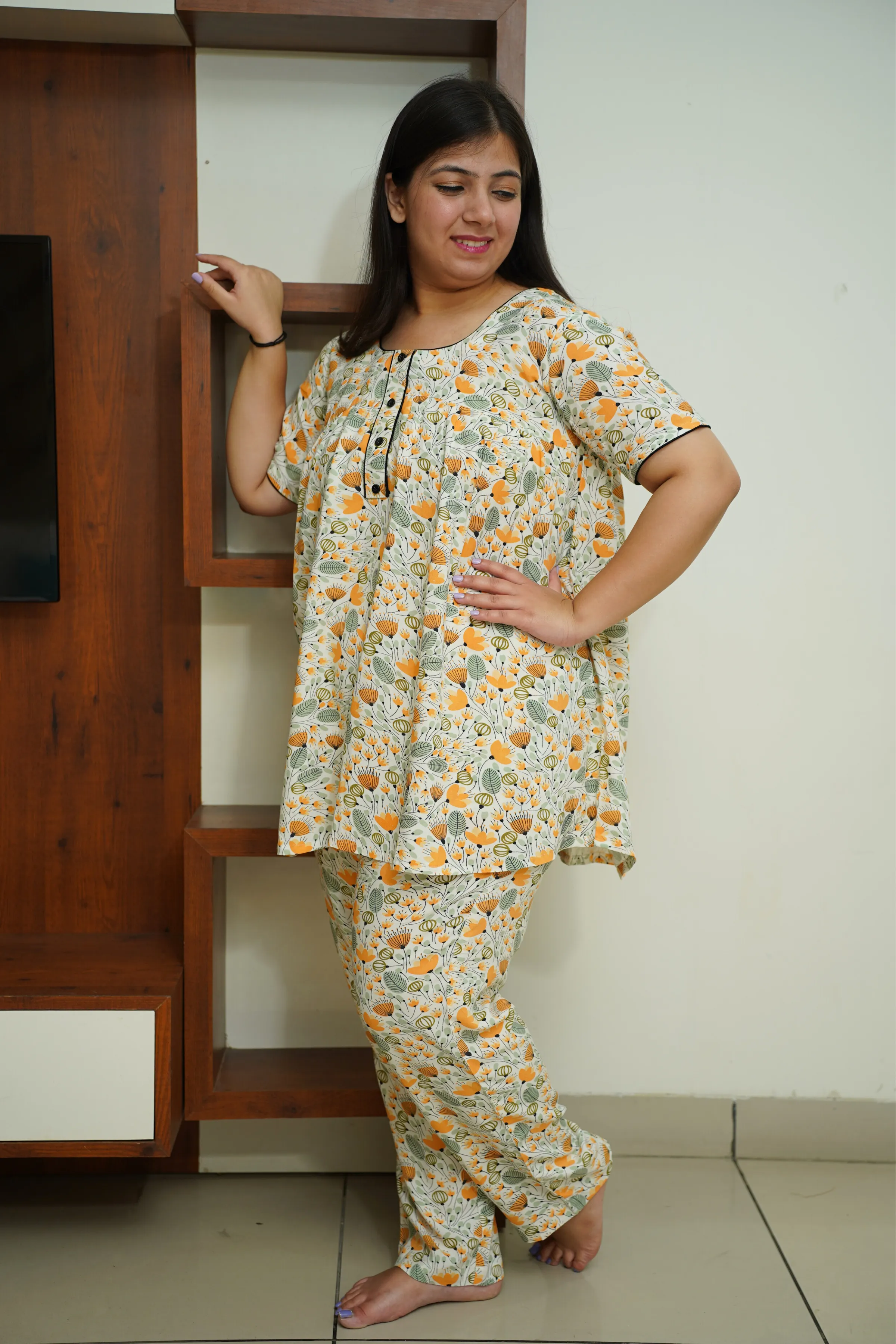 Ivory Floral Rayon Night Suit