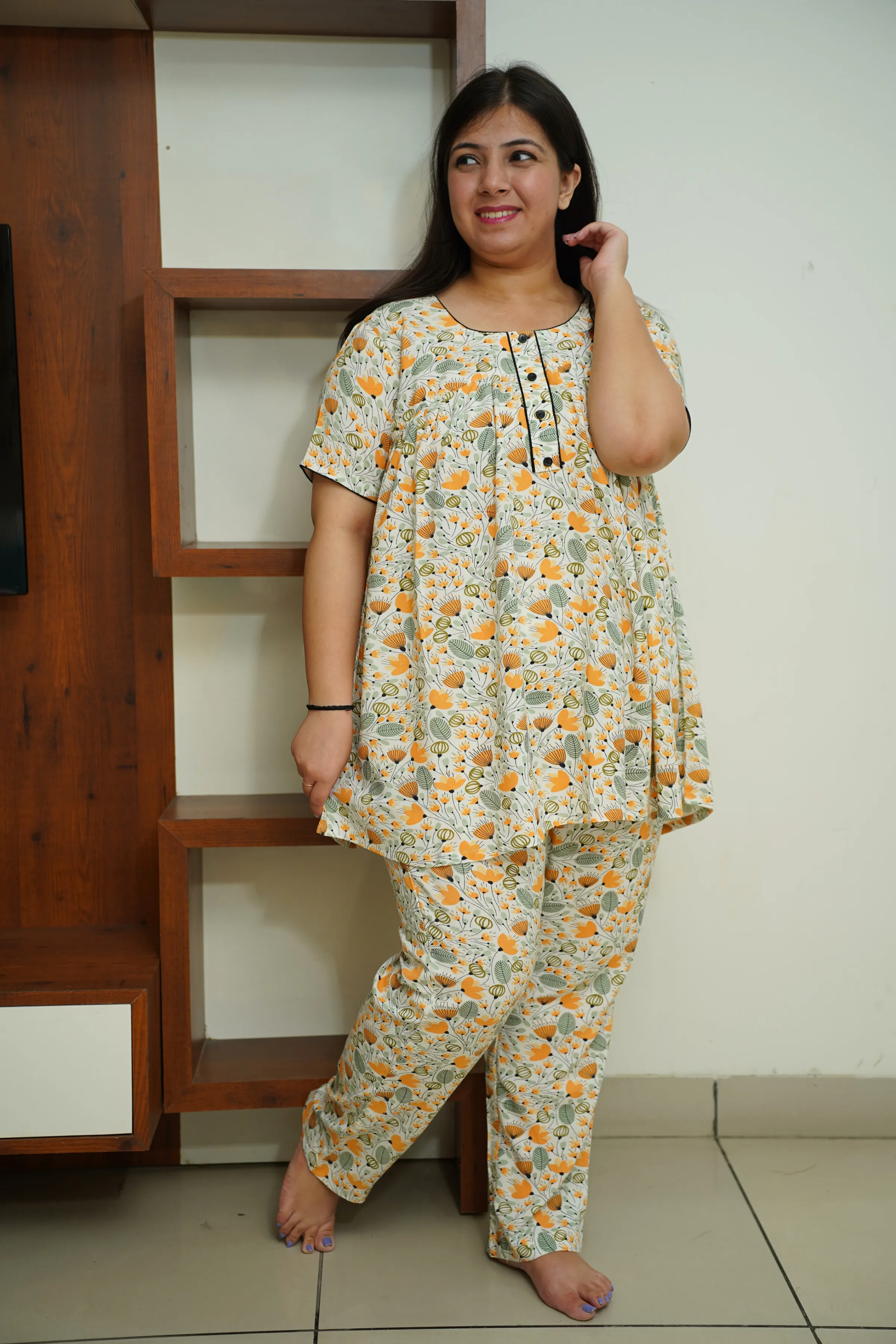 Ivory Floral Rayon Night Suit