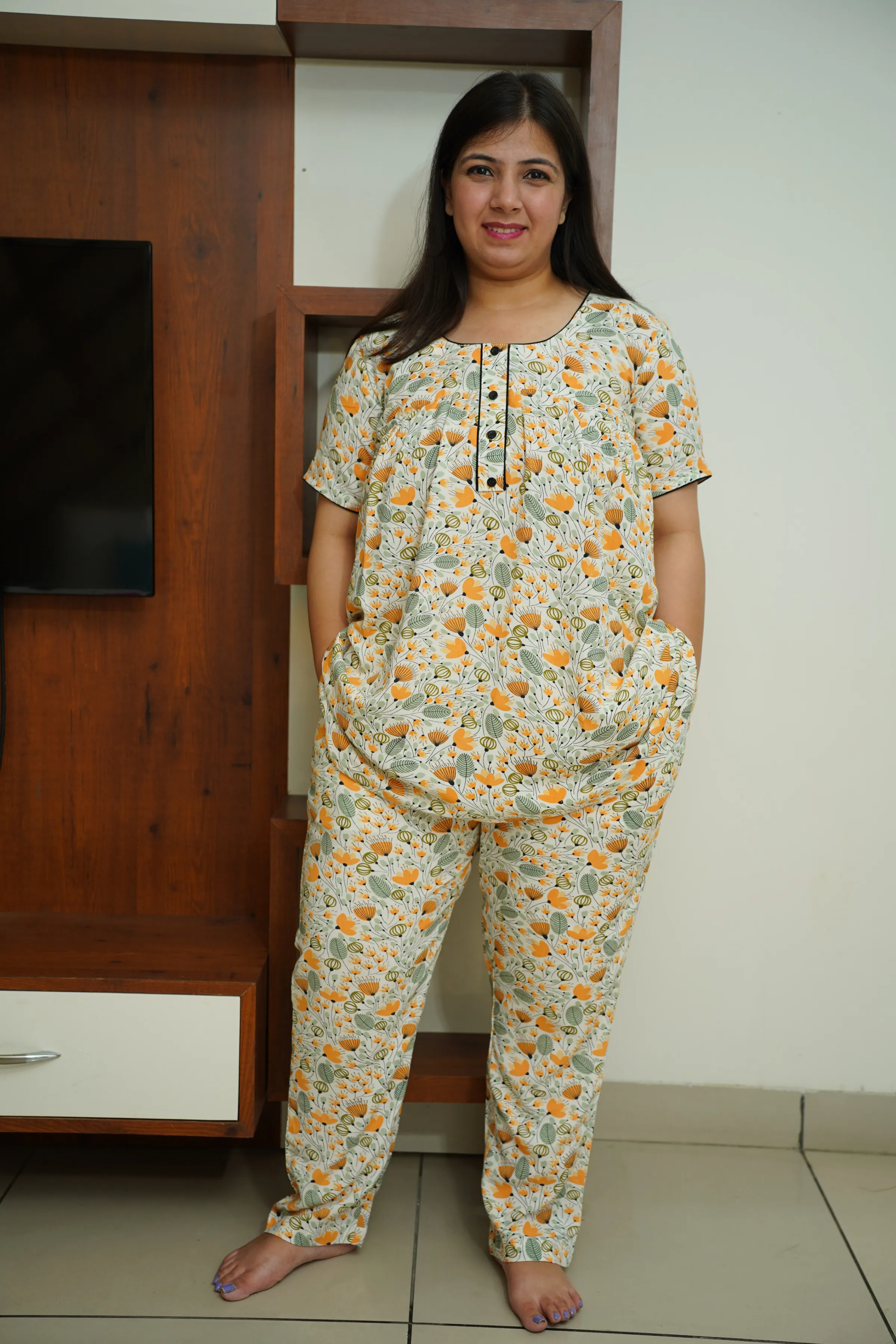 Ivory Floral Rayon Night Suit