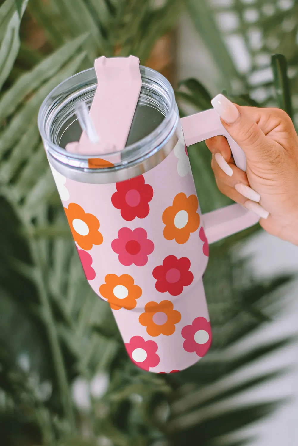 Multicolor Flower Print Handled Stainless Steel Tumbler