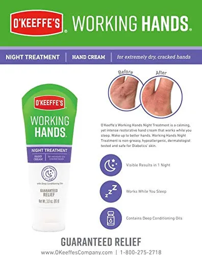O'Keeffe's Working Hands Night Treatment Hand Cream, Restorative Lotion Works While You Sleep, Deep Conditioning Oils, 3oz/85g Tube, White (Pack of 1), K4200502