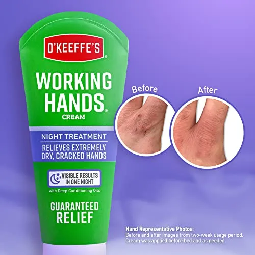 O'Keeffe's Working Hands Night Treatment Hand Cream, Restorative Lotion Works While You Sleep, Deep Conditioning Oils, 3oz/85g Tube, White (Pack of 1), K4200502